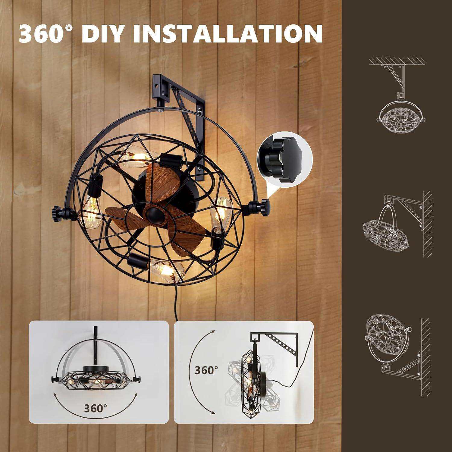 灯泡外贸美式壁挂风扇灯复古铁艺墙壁风扇笼子卧室餐厅庭院吊扇灯