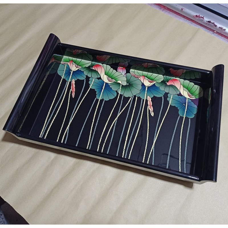 推光漆器手绘盘子木质贴金描金彩绘漆画双耳大托盘中式漆器茶餐盘