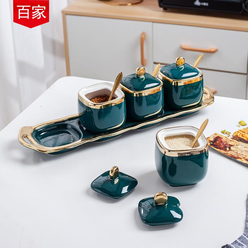 北欧家用调味罐调料盒陶瓷带盖厨房用品盐味精四格一体套装组合装