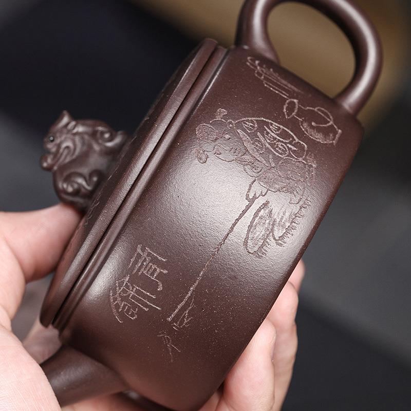 汉瓦壶紫砂壶宜兴名家全纯手工刻绘原矿紫泥茶壶茶具单壶