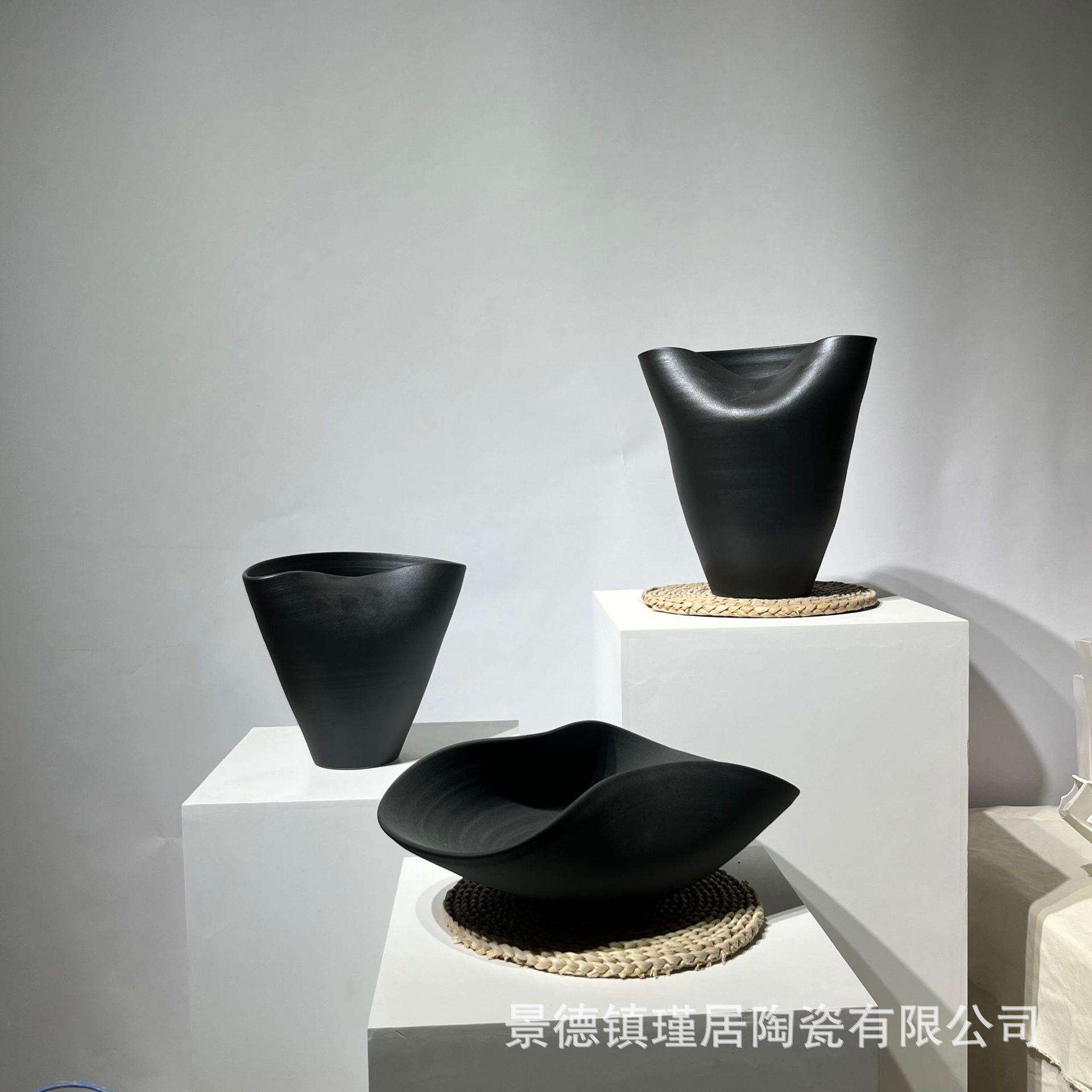 新中式手工拉柸三件套异形花瓶、果盘、现代简约家居软装创意摆件