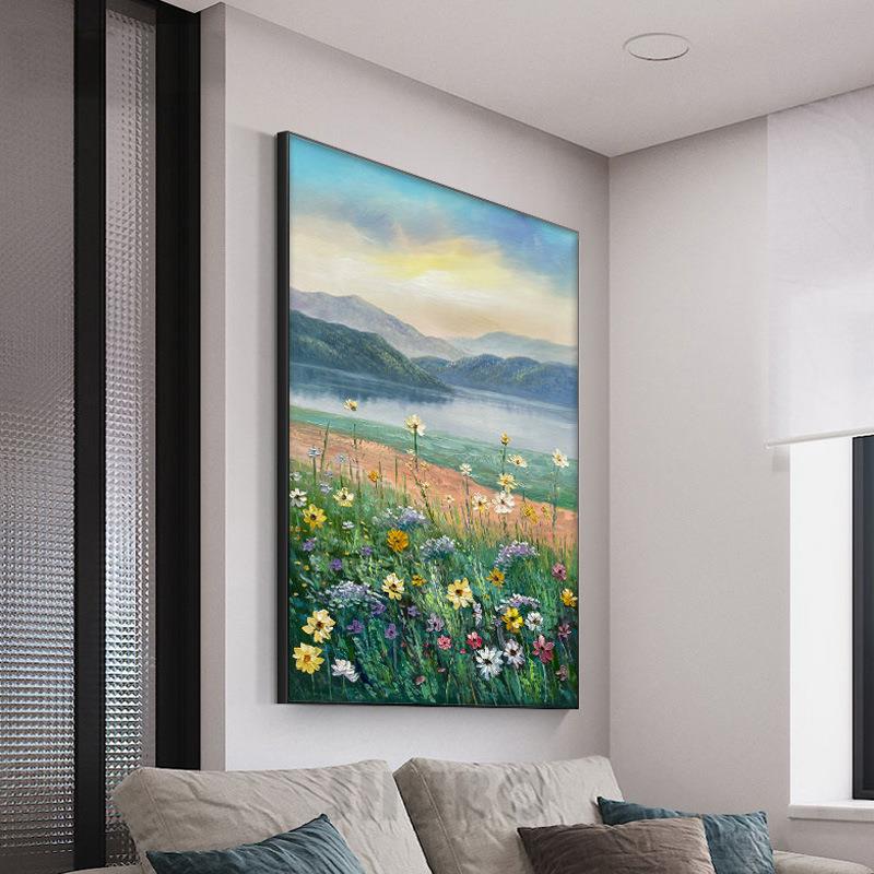 纯手绘风景油画客厅玄关壁画竖版大幅有框成品鲜花小清新北欧挂画