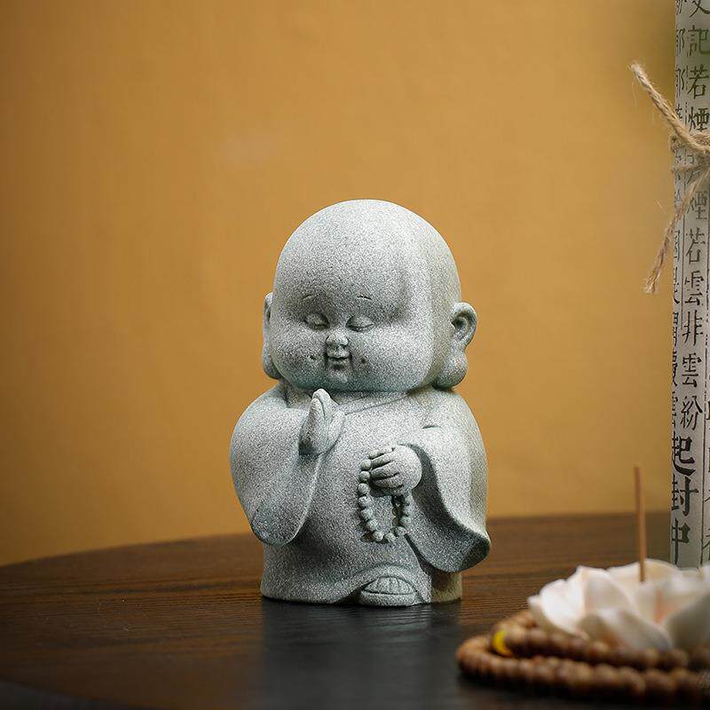 青砂石精品小和尚鱼缸造景沉水装饰品中式家居书房禅意小沙弥摆件