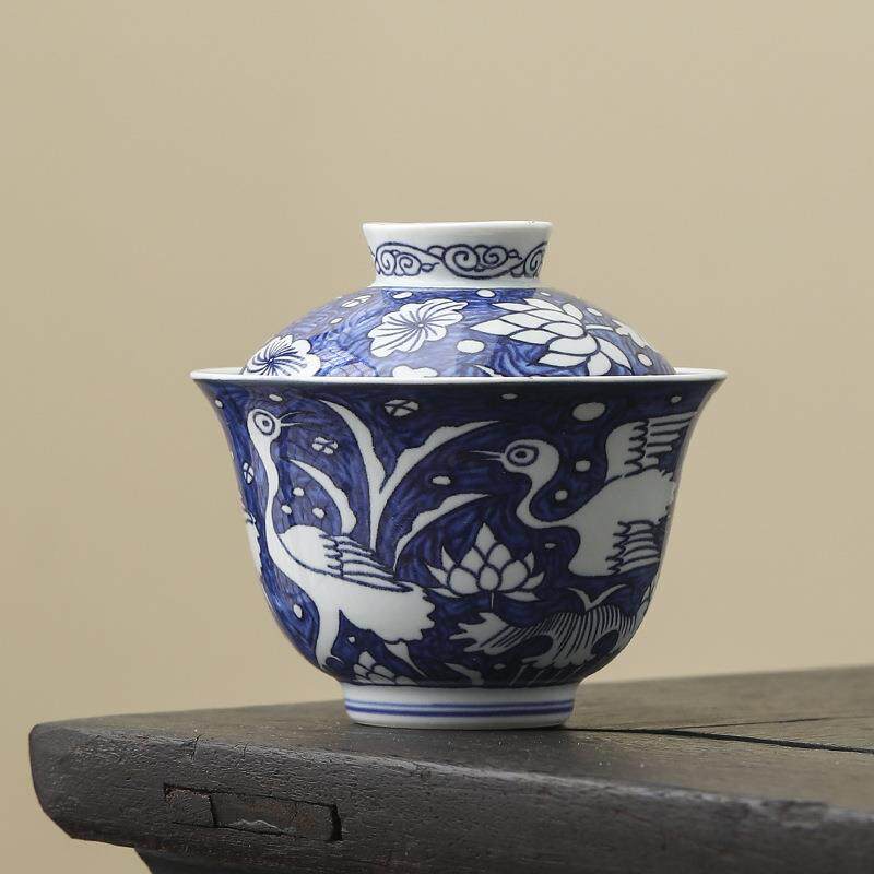 青花一鹭莲科盖碗茶具不烫手中式毛绒/玩偶/公仔/布