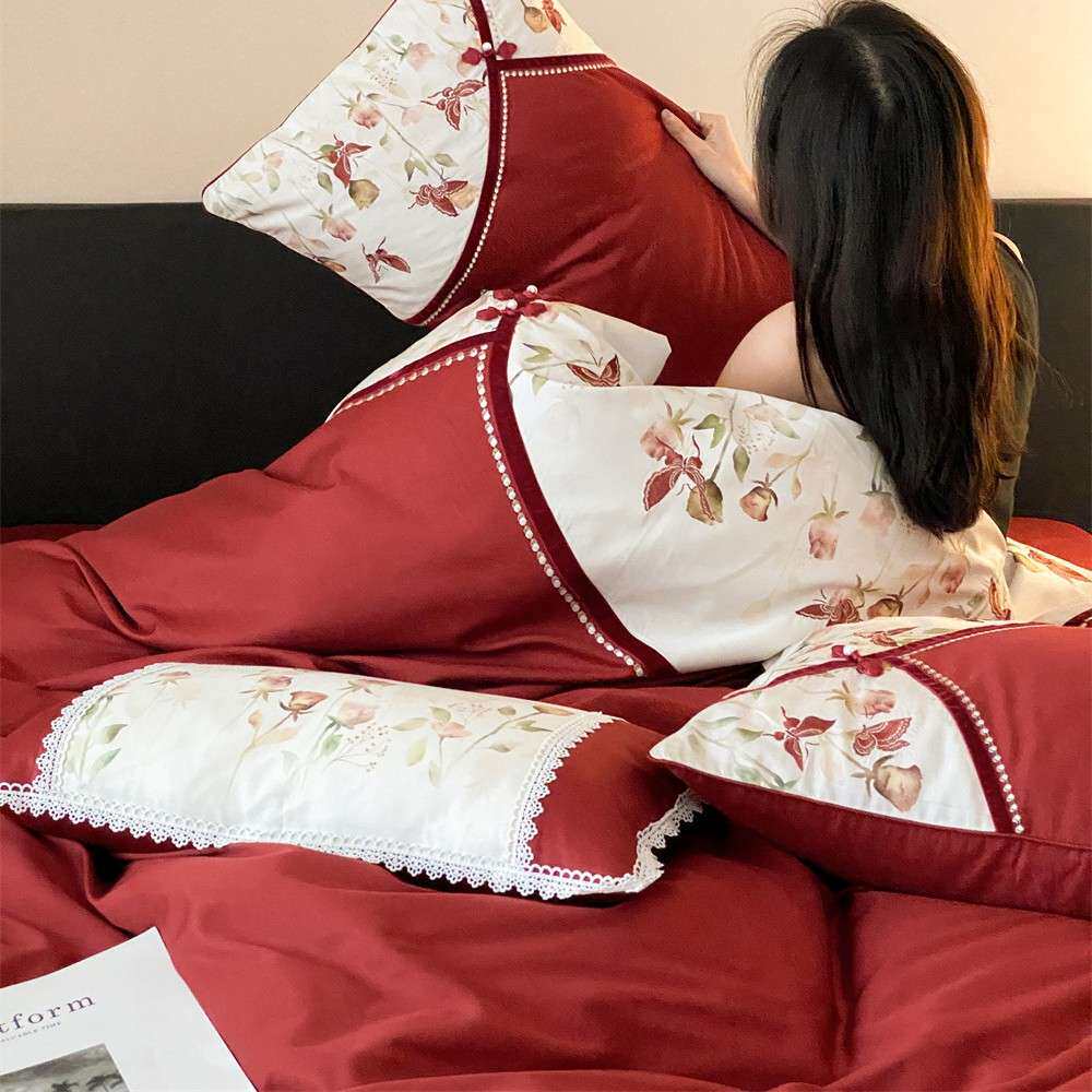 婚庆长绒棉四件套少女花卉刺绣全棉被套结婚中式复古床品