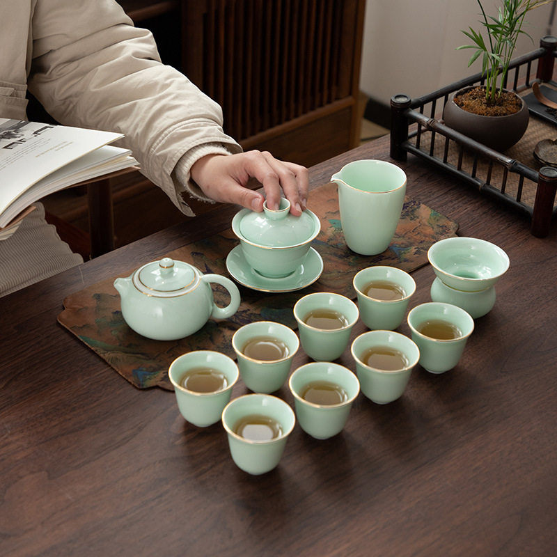 德化陶瓷茶具套装泡茶专用喝茶家用高档轻奢羊脂玉翡翠绿描金