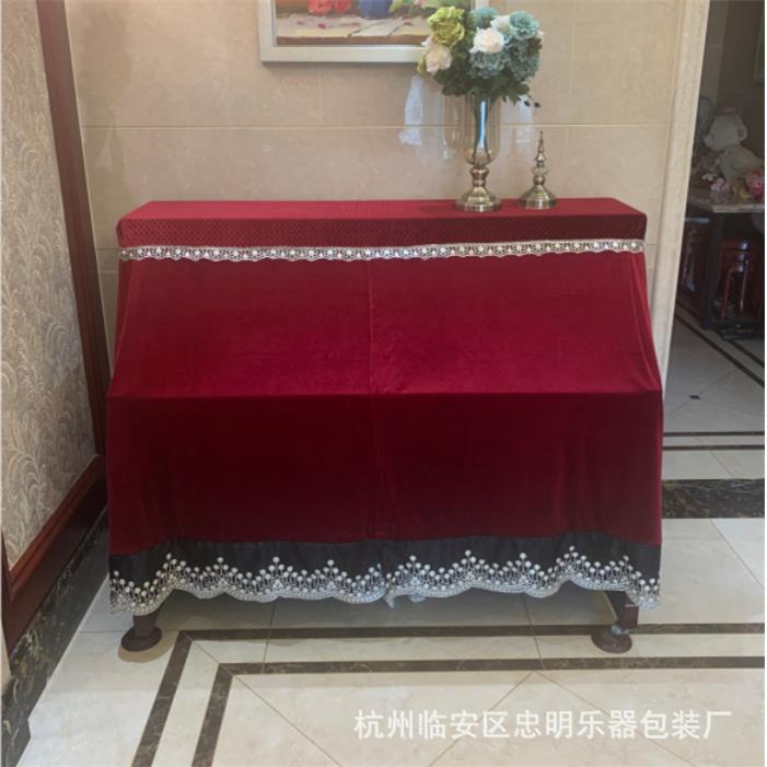 红色黑色点点棉蕾丝边全罩钢琴罩防尘凳罩套装典雅欧式