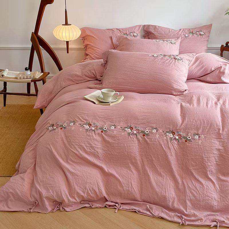 新款手工绣四件套床单款刺绣时尚绷带被套枕套全棉水洗棉感母婴级