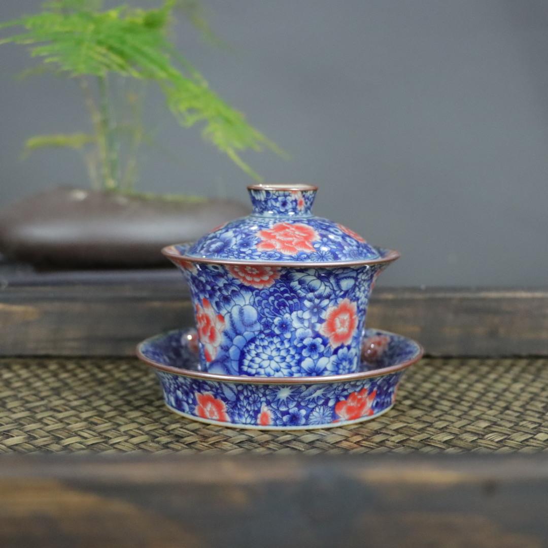 老陶泥中国风马蹄盖碗茶杯单个组合釉里红万花功夫三才泡茶碗瓷器