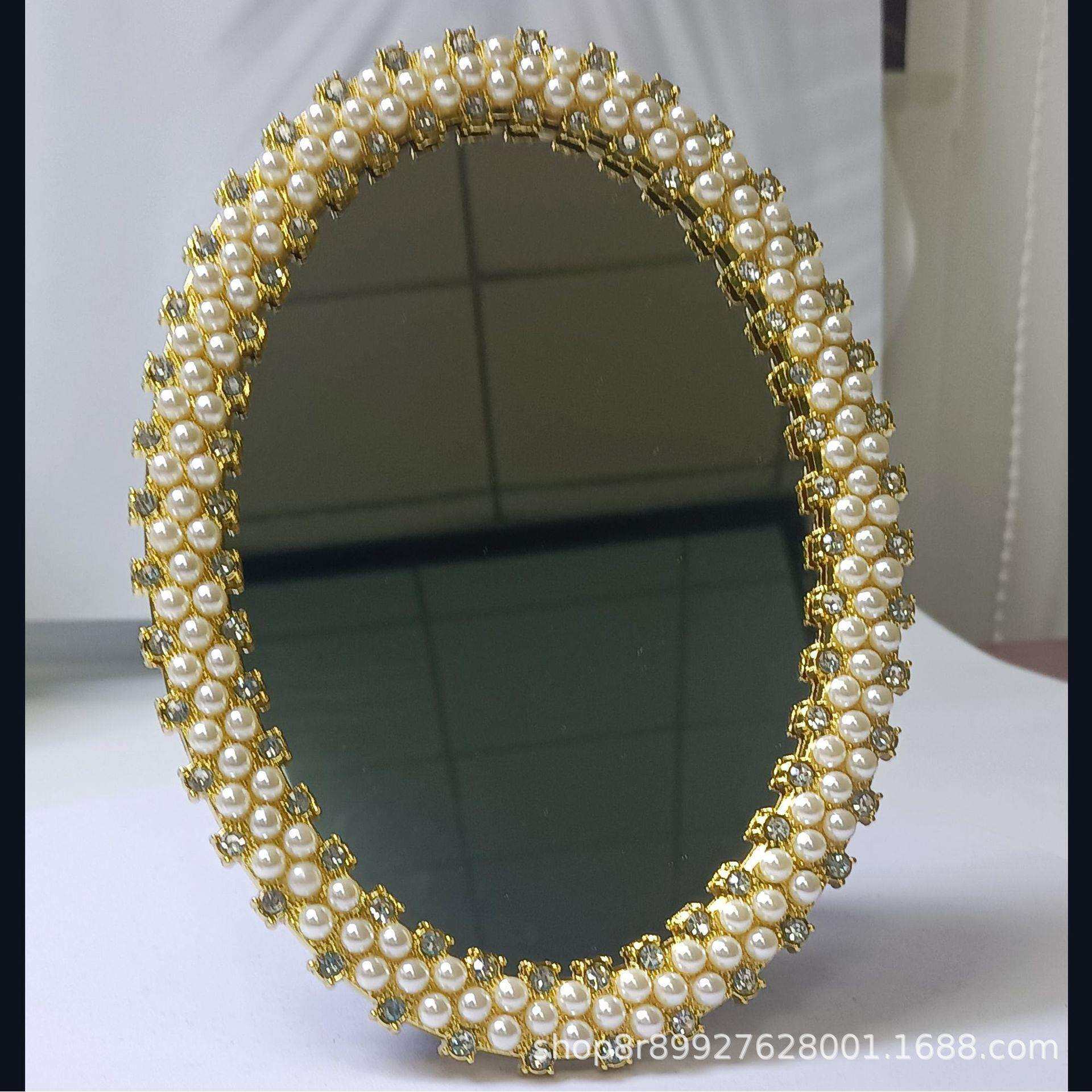 新款时尚镶嵌珍珠化妆镜，梳妆镜田园金属台式梳妆镜复古双面梳妆