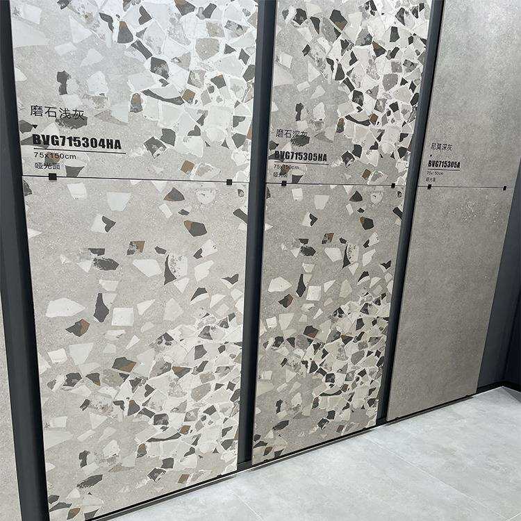 别墅瓷砖灰色哑光大颗粒系水磨石地砖750x1500花园阳台厨卫墙砖