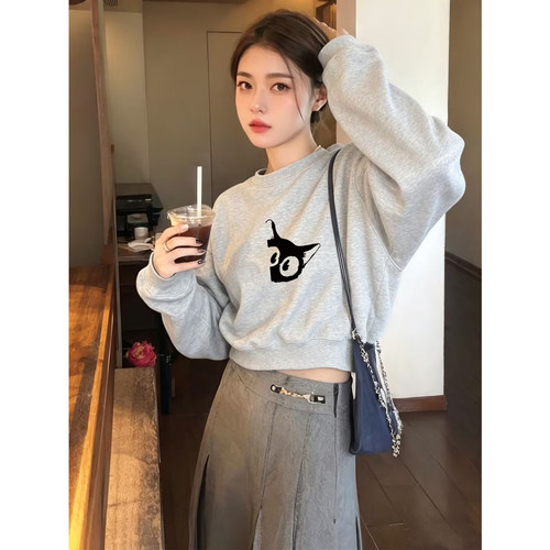 卫衣2026秋冬季新款花灰色圆领女韩系独漂亮显瘦宽松短款上1008d