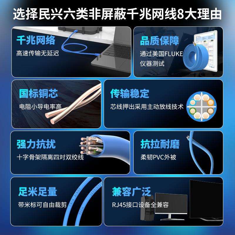 民兴电缆六类网线cat6非屏蔽8芯家用网络跳线纯铜宽带高速 连接线