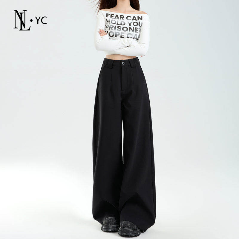 黑色高腰西装阔腿裤女2025春秋新款宽松显瘦高级感垂感直筒休闲