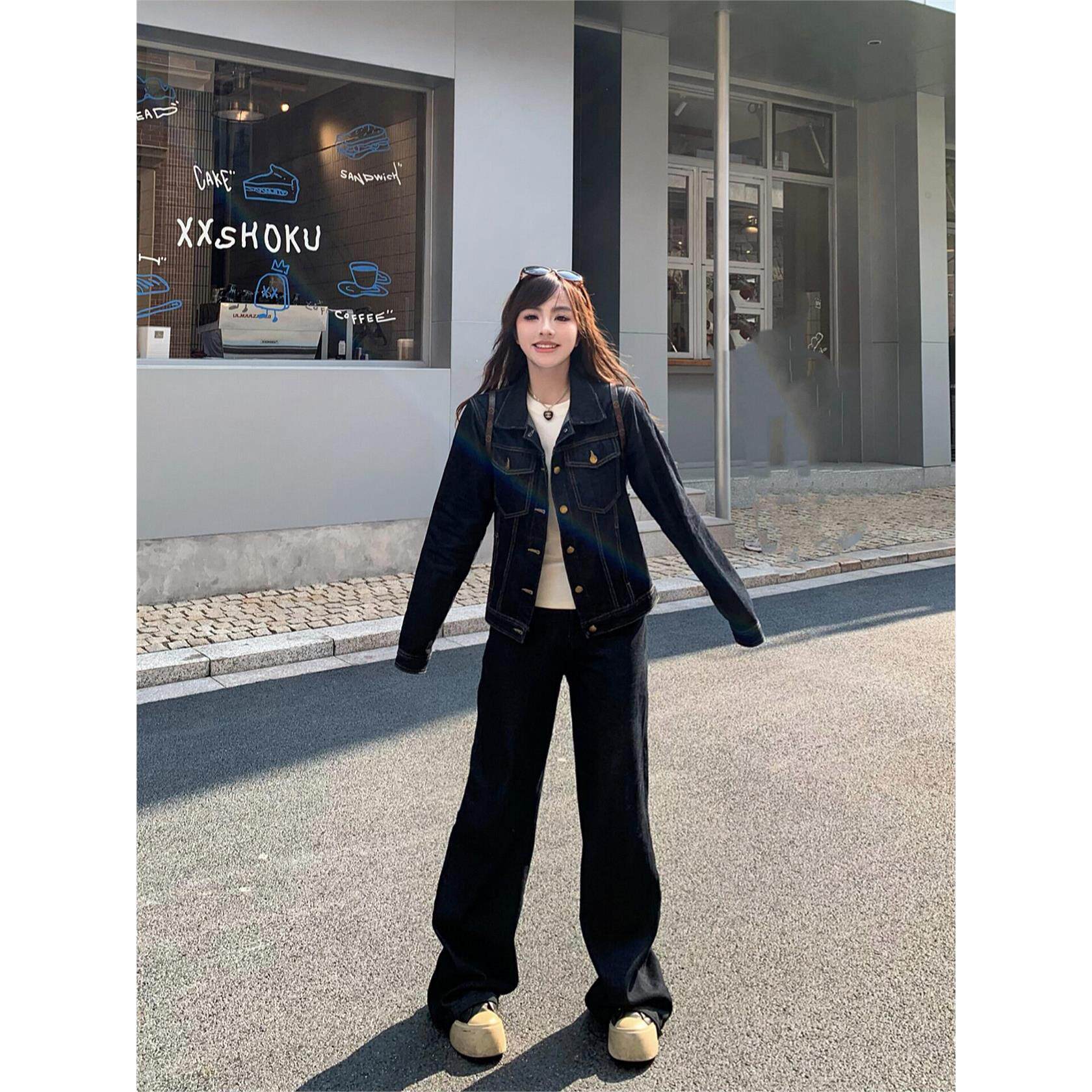 美式覆古黑色直筒牛仔裤女2025年早秋新款高腰宽松垂感阔腿拖地裤