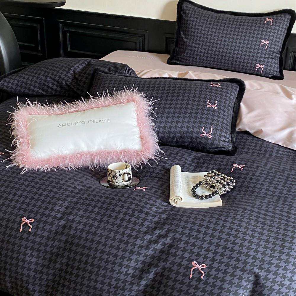 少女心蝴蝶结澳棉磨毛四件套千鸟格印花被套秋冬加厚床品