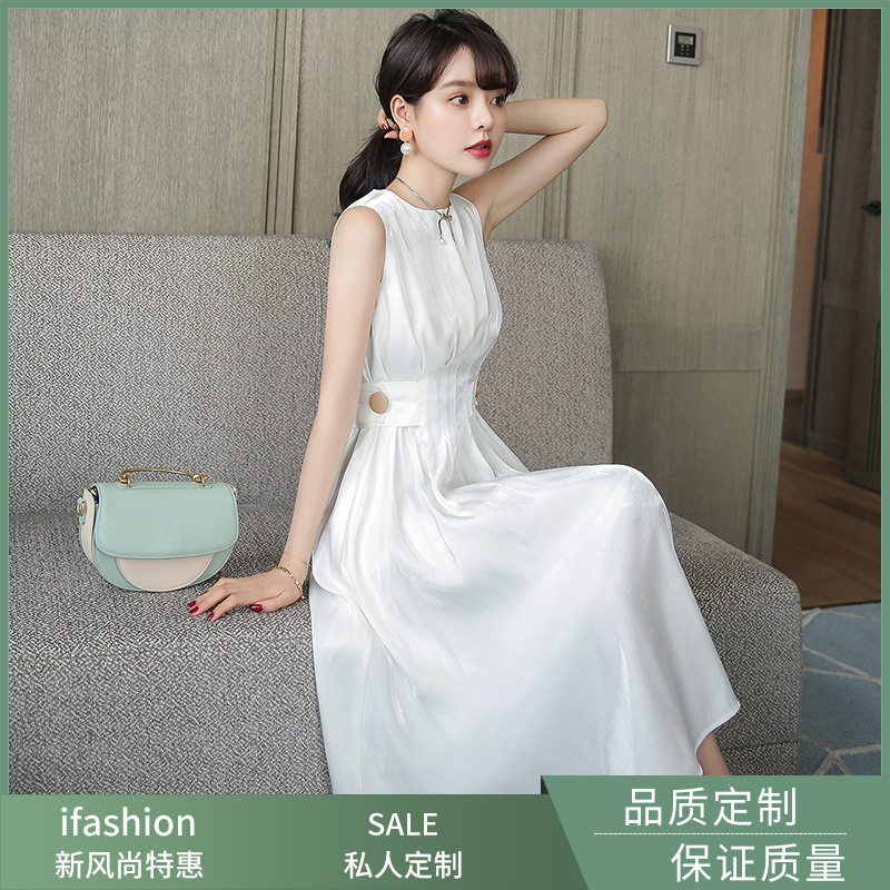 轻奢简约连衣裙女夏季白色气质无袖显瘦中长款赫本风收腰小礼服裙