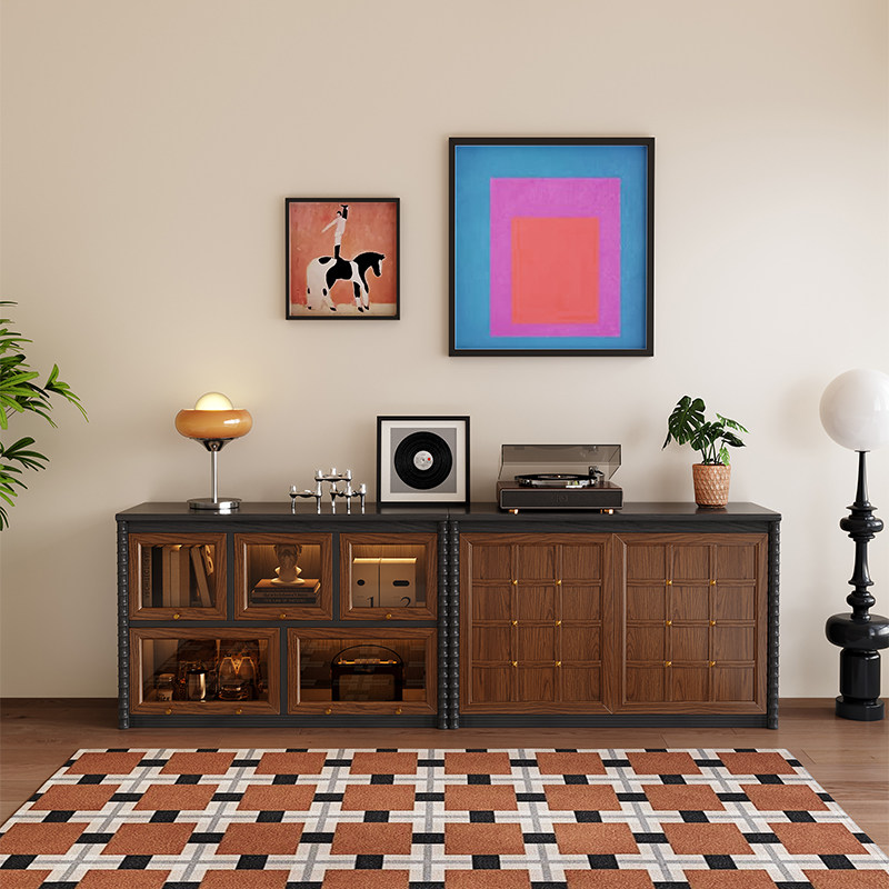 曲泰法式复古实木电视柜客厅模块组合落地柜中古风实木展示边柜