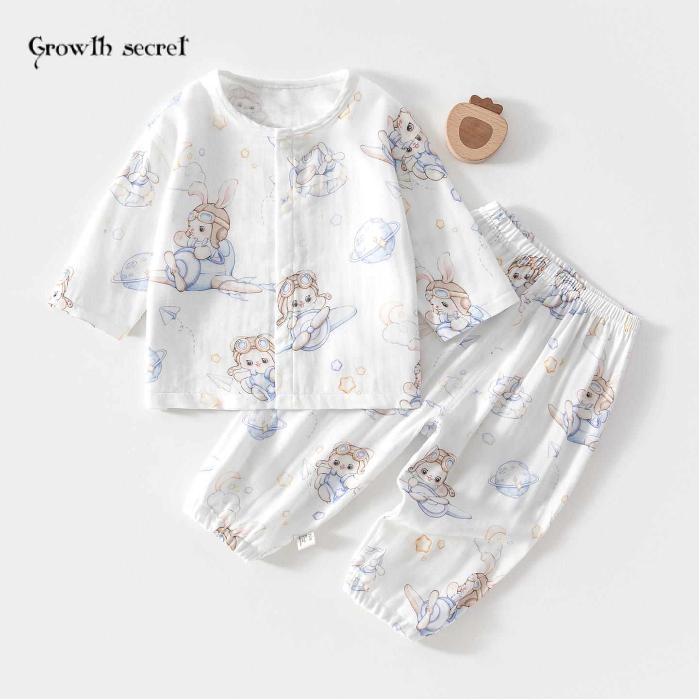 婴儿纱布套装宝宝家居服长袖竹纤维上衣裤子儿童夏季空调服男女童