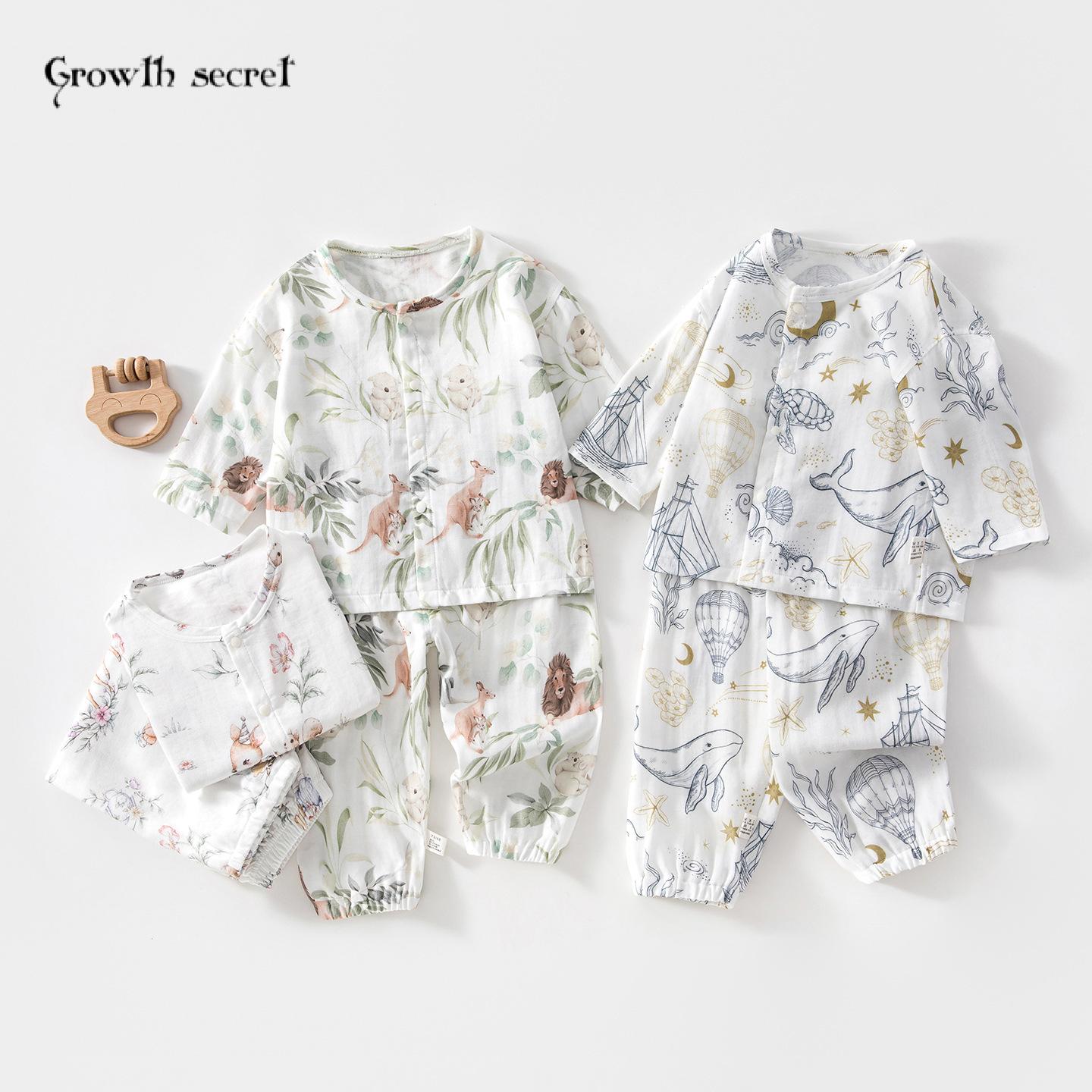 婴儿纱布套装宝宝家居服长袖竹纤维上衣裤子儿童夏季空调服男女童