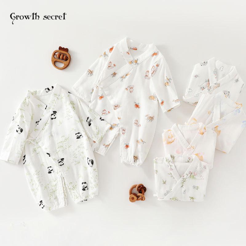 天竹联盟 夏季纱布连体衣九分袖哈衣爬服宝宝绑带和服睡衣四季