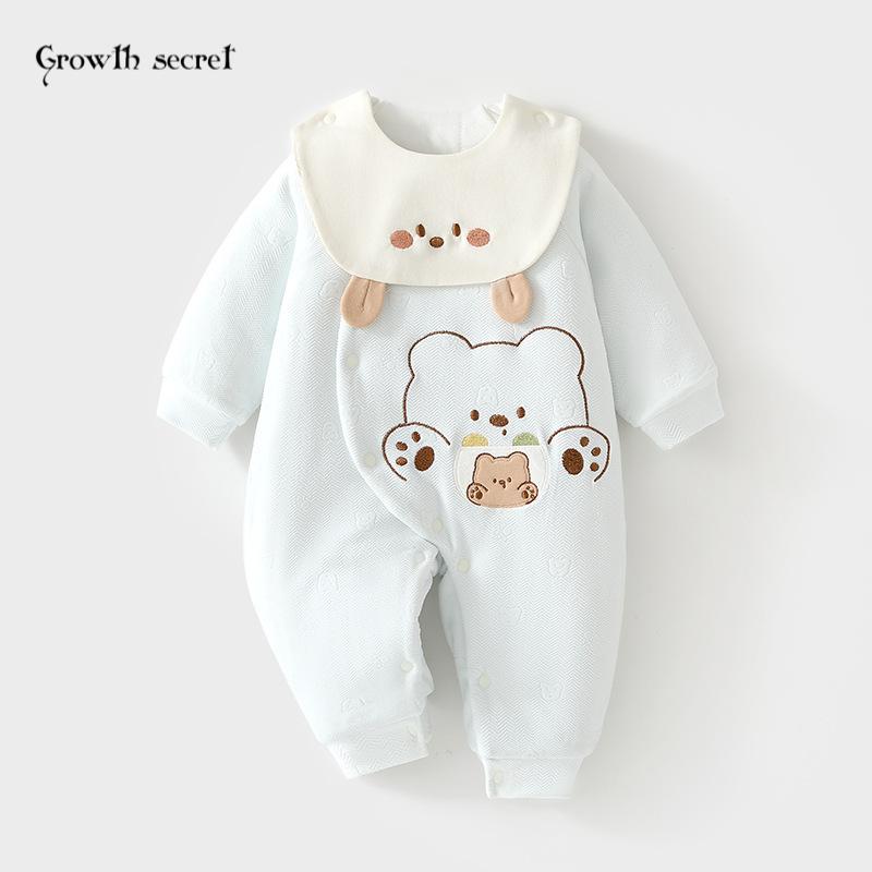 婴儿连体衣120克加棉宝宝夹棉秋冬外出服哈衣加厚棉衣爬服围嘴