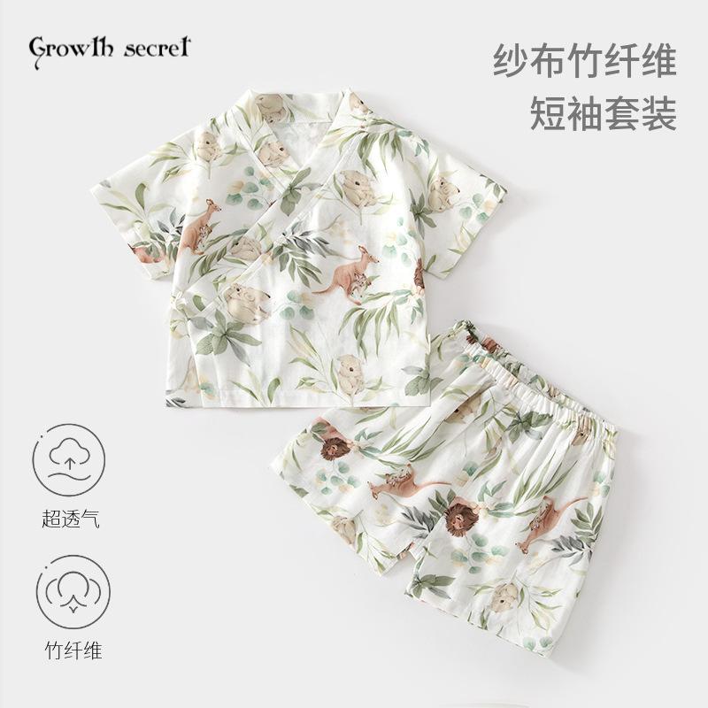 婴儿纱布套装宝宝家居服短袖短裤竹纤维上衣裤子儿童夏季空调服