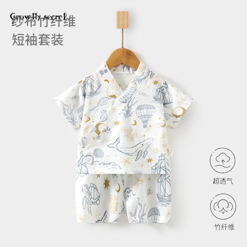 婴儿纱布套装宝宝家居服短袖短裤竹纤维上衣裤子儿童夏季空调服
