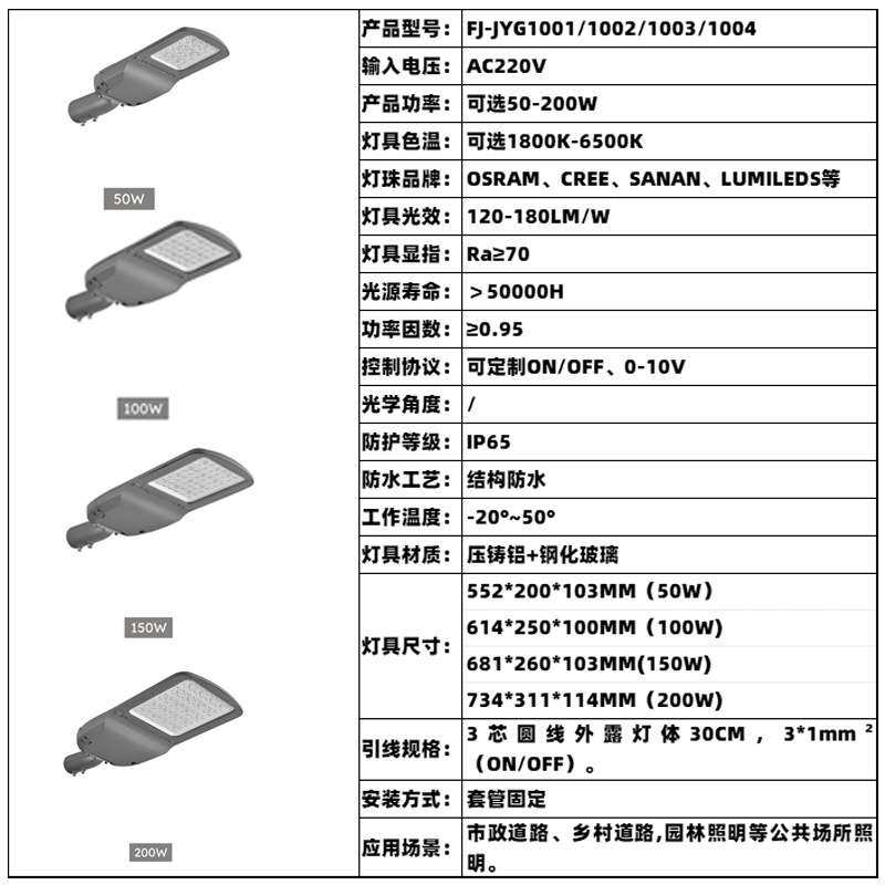LED50W100W150W200W路灯头高光效0-10V调光户外防水道路照明灯头