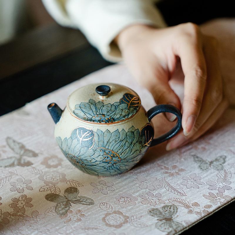 青花火石红描金纯手绘荷韵茶壶家用创意单个泡茶器陶瓷泡茶壶