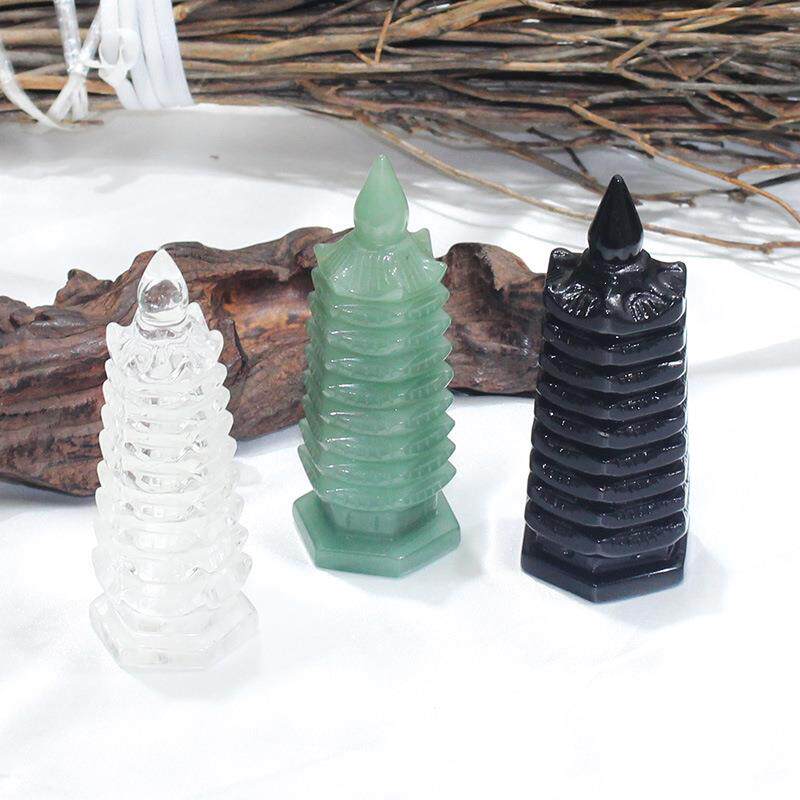 天然水晶文昌塔摆件绿白黑曜石原石