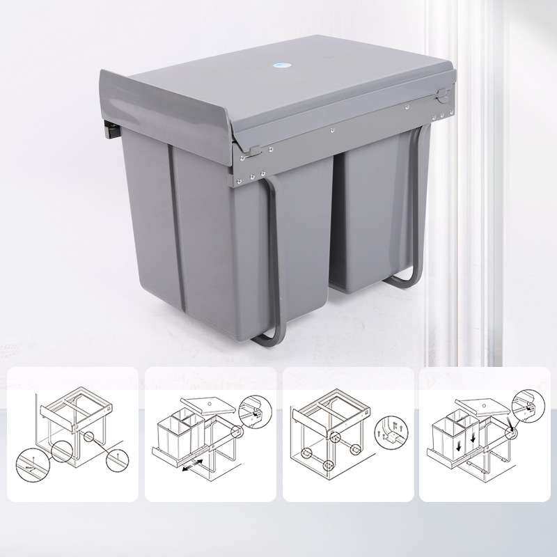 厨房分类垃圾桶400柜体铁架20L+2*10L嵌入式三桶塑料阻尼缓冲轨道