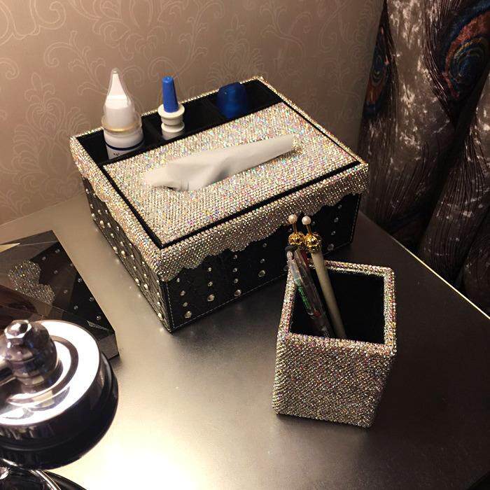 轻奢皮质镶钻贴钻纸巾盒 欧式创意多功能办公家用纸抽盒收纳套装