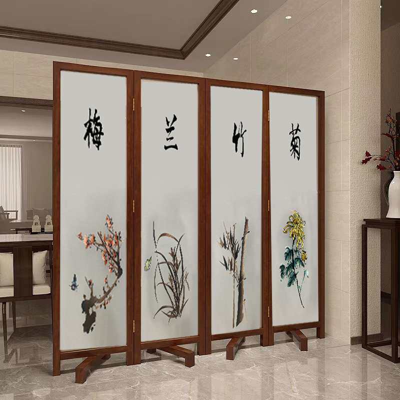 半透明纱布真丝线画四联折叠屏风玄关画心竹报平安单双面刺绣苏绣