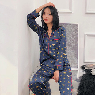2026新款韩版小蜜蜂睡衣女长袖长裤套装冰丝绸甜美可爱开衫翻领家