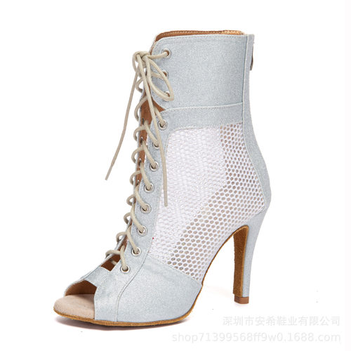 2026新款黑色缎面拉丁舞鞋成人女士高帮鱼嘴爵士短靴heels性