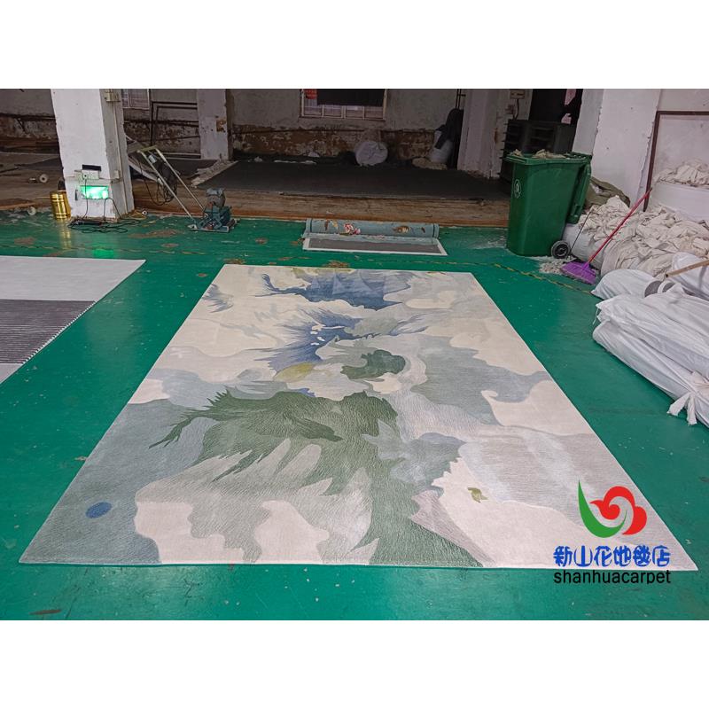新西兰进口羊毛绿色抽象水墨画中式客厅茶几地毯大厅接待室贵宾室
