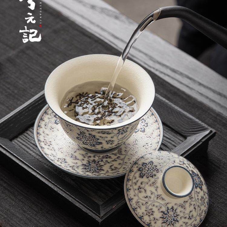 描银青花三才盖碗茶杯单个大号泡茶碗带盖茶具三件套2025新款