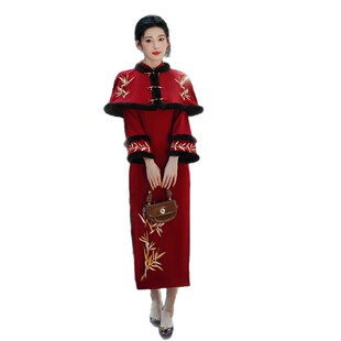 2026新款秋刺绣旗袍连衣裙复古日常长袖红色拜年服改良长裙高