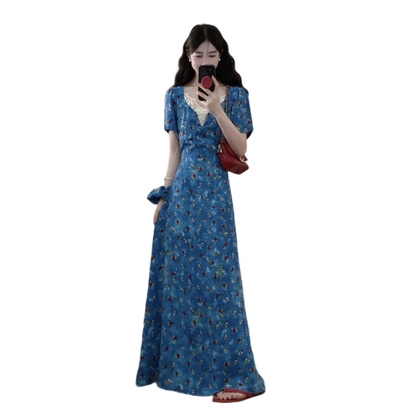 法式vintage蓝色碎花洋装