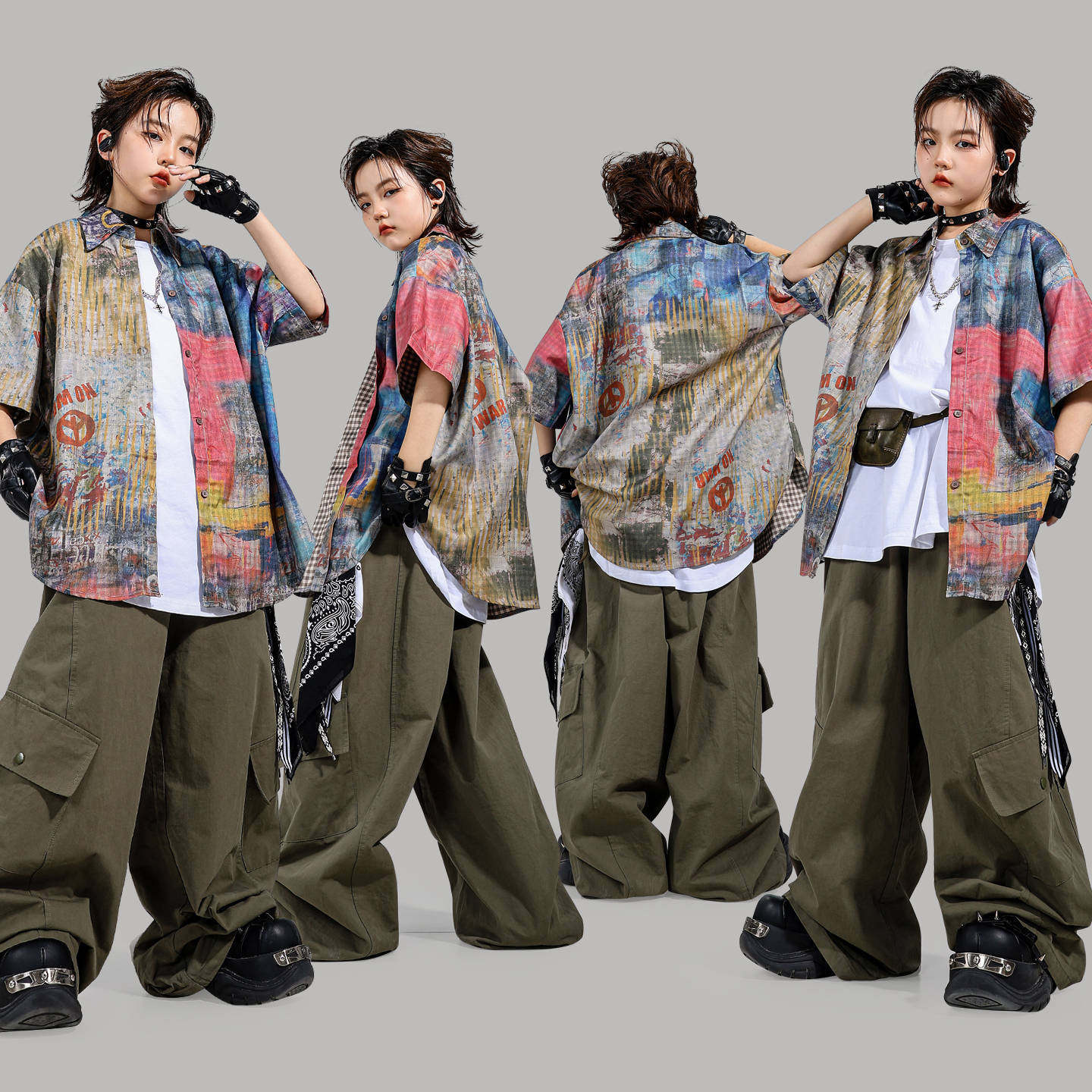 2026新款街舞儿童潮服嘻哈男童军绿色工装裤舞蹈服套装女童走秀潮