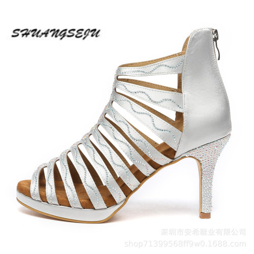 2026新款拉丁舞鞋加厚底1cm防水台Heels高跟鞋爵士短靴闪