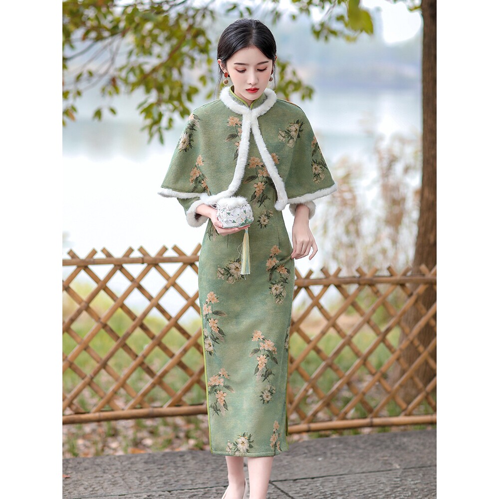 2026新款冬优雅大方蚀骨曼丽绒茉莉花印花长款九分袖司藤披肩