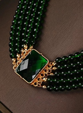 中古夸张绿色水晶琉璃多层叠戴套装项链耳环高级感礼服饰品锁骨链