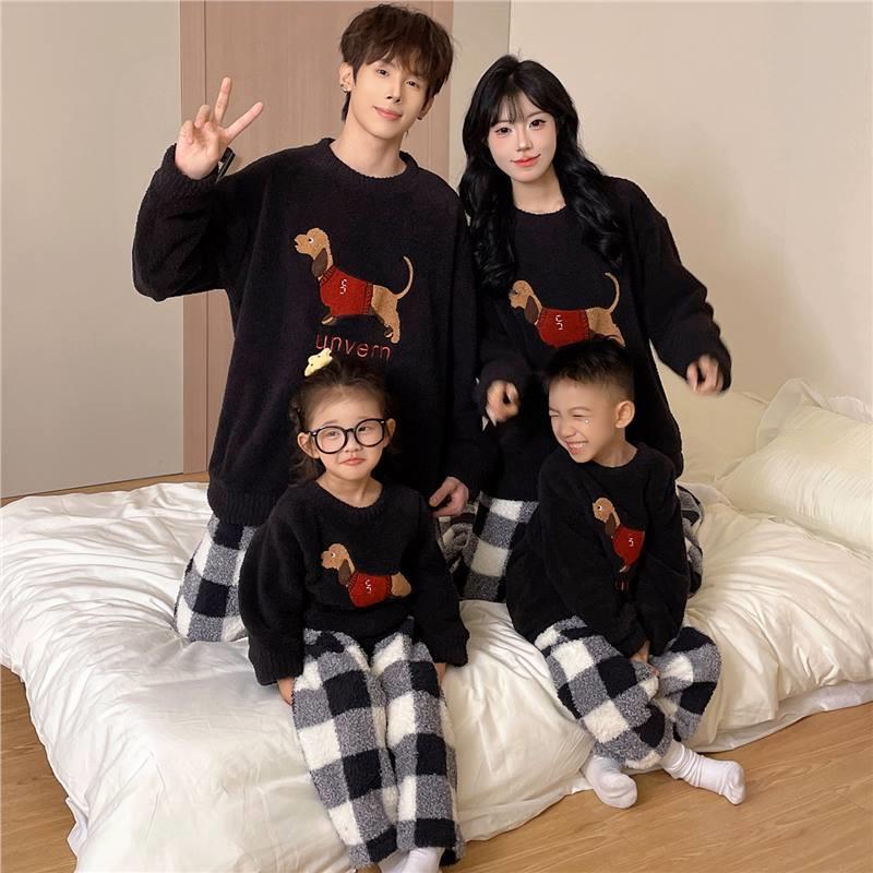 芬腾亲子一家四口睡衣半边绒冬季珊瑚绒加绒加厚法兰绒家居服套装