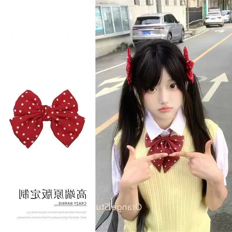 日系JK酒红波点蝴蝶结对夹