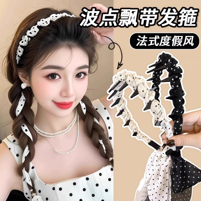 波点飘带发箍绑发一体高颅顶带齿头箍女2025新款编发丝带发卡头饰
