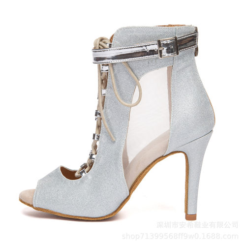 2026新款银色闪亮拉丁舞鞋女9.8cm高跟heels舞靴高帮鱼