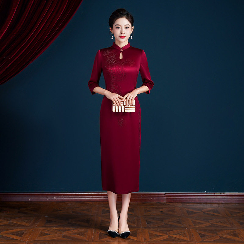 2026新款醋酸缎七分袖连衣裙春夏款年轻妈妈婚宴礼服旗袍裙厂