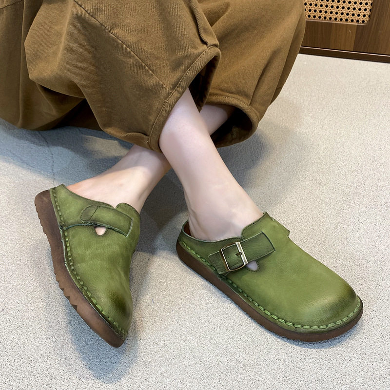 2026新款糖果色包头拖鞋女真皮软底皮带扣勃肯鞋夏季牛皮平底凉拖